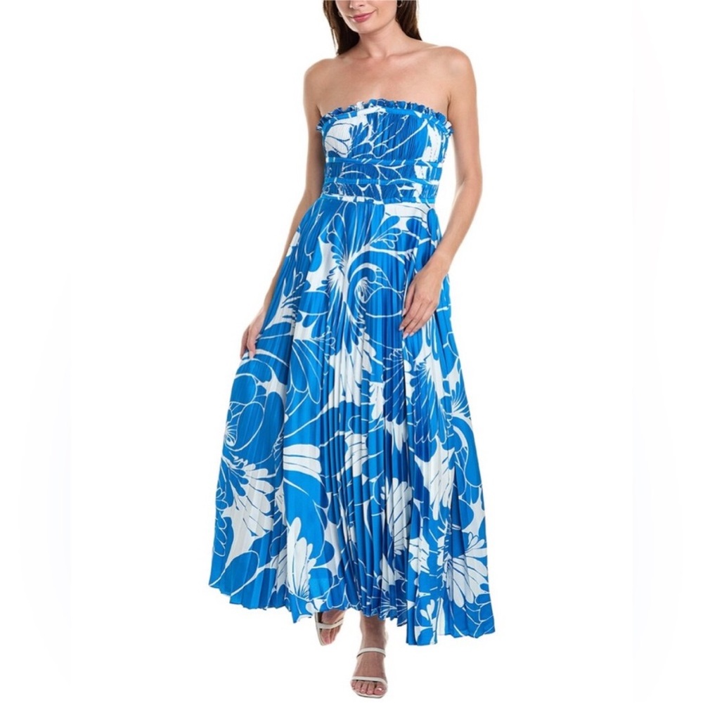 TAYLOR Blue Printed Satin Pleated Dress With Ruffle Detail - Size 8